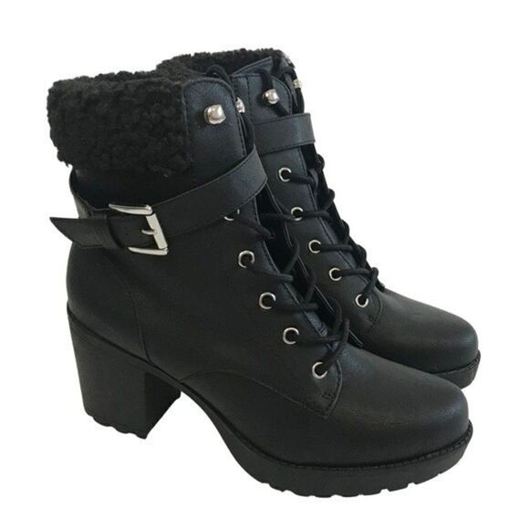 New! Faux Leather Hiker Sherpa Lace Up Platform Block Heel Lug Sole Combat Boots - Picture 1 of 9